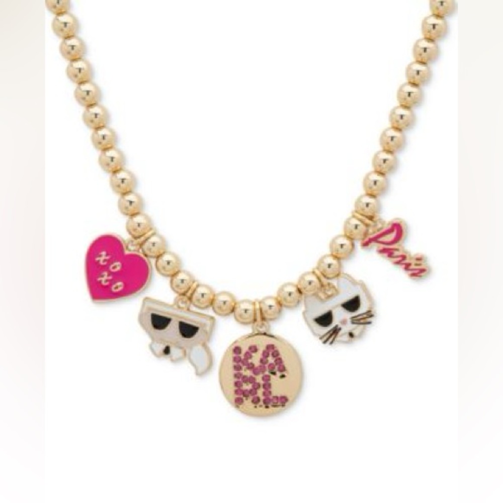 New KARL LAGERFELD Paris Charm Fashion Necklace Choupette Cat Pink Rhinestone. - Picture 3 of 7